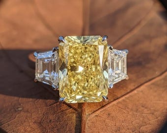 10 Carat Canary Yellow Moissanite Engagement Ring, Radiant Cut Yellow Moissanite Anniversary Gift, Three Stone Certified  Moissanite Ring