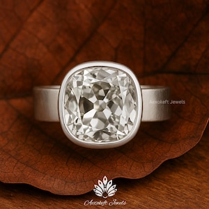 5 Carat Old Mine Cut Moissanite Engagement Ring, Bezel Setting Cushion Antique Ring, 6mm Solid Gold Wide Band, Vintage Style Solitaire Ring