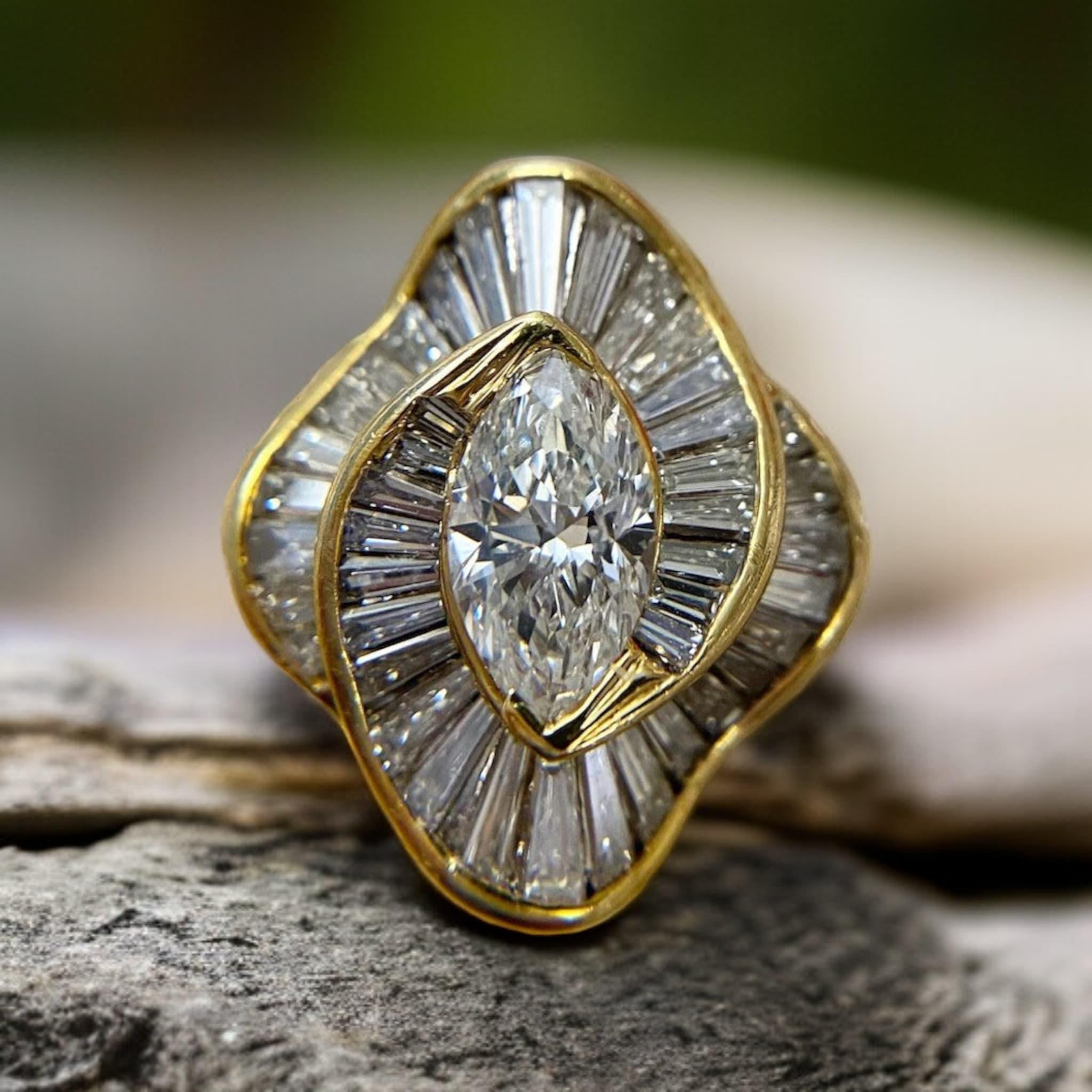 Vintage Marquise Moissanite Engagement Ring | Unique Statement Ring | Baguette Diamond Ring |  Yellow Gold Cocktail Ring | Art Deco Inspired