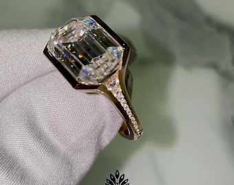 Half Bezel Set East West Emerald Moissanite Engagement Ring | Horizontal Solitaire Ring for Women | Modern Minimal Bridal Ring, Gift for Her