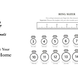 May include: A black and white graphic with the text "How To Measure Your Ring Size at Home" and a ring sizer chart. The chart includes ring sizes 3-16 with corresponding millimeter measurements.