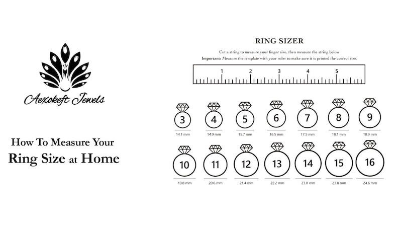 May include: A black and white graphic with the text "How To Measure Your Ring Size at Home" and a ring sizer chart. The chart includes ring sizes 3-16 with corresponding millimeter measurements.