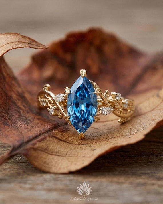 2 Carat Blue Diamond Engagement Ring Marquise Cut | Nature  Delicate Gold Flower Solitaire Ring - Blue Accent main image 0