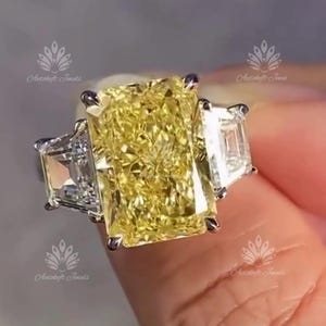 10 Carat Canary Yellow Moissanite Engagement Ring, Radiant Cut Yellow Moissanite Anniversary Gift, Three Stone Certified  Moissanite Ring