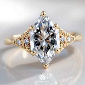3 Carat Vintage Dutch Marquise Moissanite Ring | 14K Yellow Gold | Unique Marquise Cut Engagement Ring | Duchess Cut Engagemnet Ring