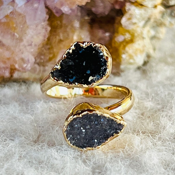 Agate Geode Druzy Double Stone Ring model 4 (from Brasil), Birthstone Jewelry Gift, Gold Plated