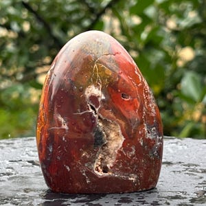Può includere: Una pietra di agata lucidata, di forma libera, rossa, arancione e bianca, con una superficie naturale, ruvida e testurizzata. La pietra presenta un motivo a spirale unico e un piccolo foro naturale.