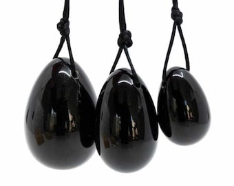 Obsidian Yoni Eggs Set of 3 with Hole and String Natural Crystal Yoni Egg Gift Box Large Medium Small Sizes