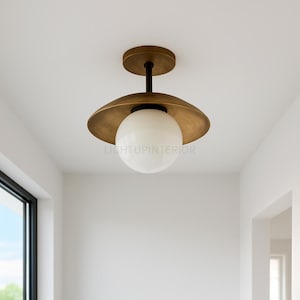 Handmade Brass Dome Ceiling Light: Mid-Century Modern Opal Glass