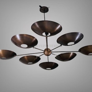 1950s Stilnovo Style Brass Sputnik Chandelier Light Fixture 8 Arm Dish Shades Ceiling Light Pendant Mid-Century Modern Italian Chandelier