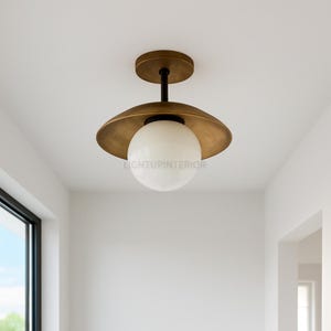 Raw Brass Flush Mount Ceiling Light: Opal Glass Globe, Mid-Century Modern
