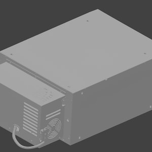 May include: A gray metal box with a power cord and a fan on the back. The box has a rectangular shape and is sitting on a gray surface.