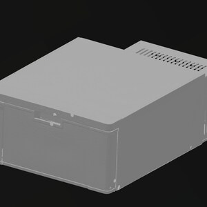 May include: A gray printer with a paper tray and a vent on the side.