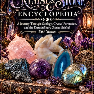 May include: The book titled The Complete Crystal & Stone Encyclopedia by Jennifer Mohr features a cover with a unicorn carving, a purple sphere, a blue agate slice, and a labradorite stone, surrounded by various crystals and moss.