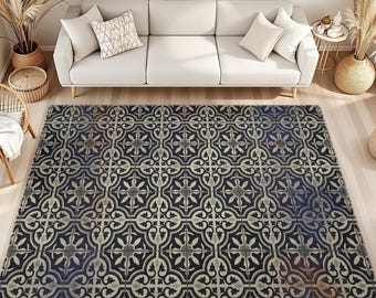 Charcoal Overdyed Tile Rug, Distressed Victorian Moroccan Encaustic Style, Non-Slip Indoor Outdoor Area Rug
