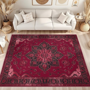 Ruby Red Overdyed Rug, Distressed Vintage Persian Style, Non-Slip Indoor Outdoor Area Rug, Moody Boho Home Decor
