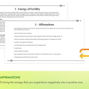 K&ouml;nnte beinhalten: Eine Seite aus einem Selbsthilfebuch mit dem Titel "Energie der Fruchtbarkeit" und einem Abschnitt mit dem Titel "Affirmationen". Die Affirmationen sind in einer Spalte auf der rechten Seite der Seite aufgelistet. Der Text in den Affirmationen handelt vom Selbst annehmen, der Umarmung der Weiblichkeit und dem freien Fluss der kreativen Energie.