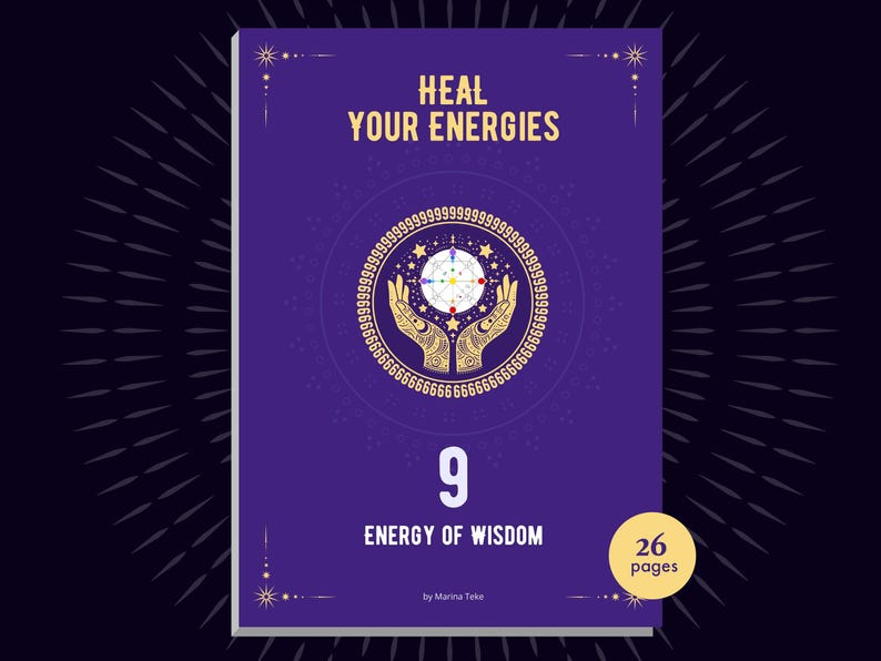 Puede incluir: Un libro morado titulado HEAL YOUR ENERGIES con el subt&iacute;tulo 9 ENERGY OF WISDOM de Marina Teke. La portada presenta una ilustraci&oacute;n dorada de dos manos sosteniendo un diagrama circular rodeado por un anillo de nueves y una insignia amarilla.