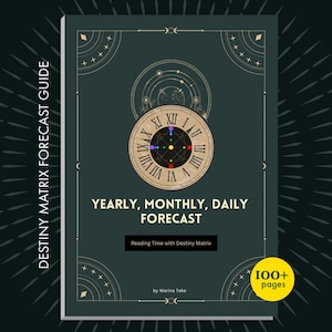 Op de afbeelding: Een donkergroene boekomslag met de titel DESTINY MATRIX FORECAST GUIDE, YEARLY, MONTHLY, DAILY FORECAST, Reading Time with Destiny Matrix door Marina Teke. De omslag bevat een gouden klok, hemelse afbeeldingen en een gele 100+ pages badge.