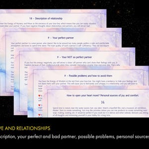 May include: A set of five cards with a watercolor background and text about love and relationships. The cards are stacked on top of each other and the text on the cards includes the numbers 18, 9, 9, 9, and 14. The text on the cards also includes the words "Description of relationship", "Your perfect partner", "Your NOT so perfect partner", "Possible problems and how to avoid them", and "How to open your heart more? Personal sources of joy and comfort". The text on the bottom of the cards reads "LOVE AND RELATIONSHIPS" and "Description, your perfect and bad partner, possible problems, personal sources of joy."