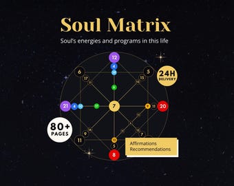 May include: A digital graphic titled Soul Matrix with the subtitle Soul's energies and programs in this life. It features a central geometric star chart with numbered colored circles, 80+ PAGES text, 24H DELIVERY badge, and Affirmations Recommendations.