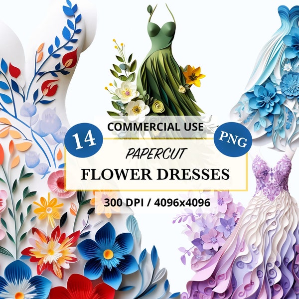 14 Papercut Flower Dresses, Clipart Bundle, Floral Dresses, Elegant Fashion Illustration, Scrapbooking, Digital PNG, Fashion Clipart