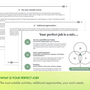 K&ouml;nnte beinhalten: Ein Venn-Diagramm mit drei sich &uuml;berlappenden Kreisen, die mit "Service und andere Vision", "Frieden und Expansion" und "Weisheit" beschriftet sind. Die Kreise sind gr&uuml;n und der Text ist schwarz. Das Diagramm tr&auml;gt den Titel "Dein perfekter Job ist eine Mischung..." und hat eine Legende, die "Schl&uuml;ssel zum Geldverdienen mit Freude" lautet.