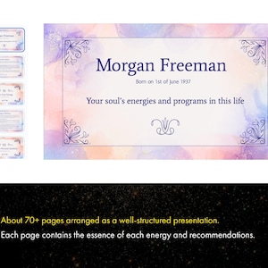 May include: A watercolor background with a white frame and the text "Morgan Freeman" in purple. The text "Born on 1st of June 1937" is below the name. The text "Your soul's energies and programs in this life" is below the date of birth.