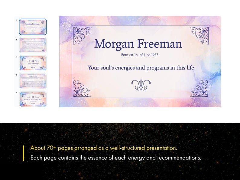 May include: A watercolor background with a white frame and the text "Morgan Freeman" in purple. The text "Born on 1st of June 1937" is below the name. The text "Your soul's energies and programs in this life" is below the date of birth.