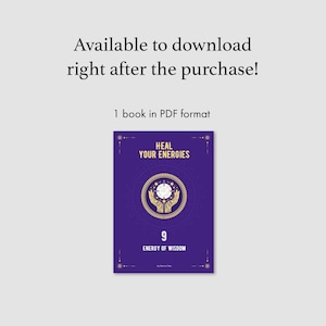 Puede incluir: Una portada de libro digital morada titulada HEAL YOUR ENERGIES con el subt&iacute;tulo 9 ENERGY OF WISDOM. El centro presenta un emblema circular dorado con dos manos sosteniendo un orbe brillante, rodeado de estrellas y l&iacute;neas geom&eacute;tricas.