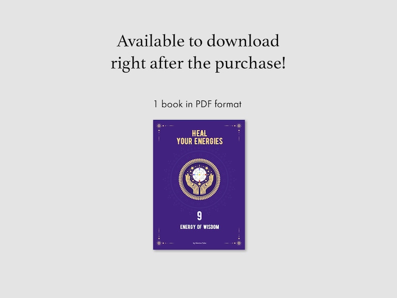 Puede incluir: Una portada de libro digital morada titulada HEAL YOUR ENERGIES con el subt&iacute;tulo 9 ENERGY OF WISDOM. El centro presenta un emblema circular dorado con dos manos sosteniendo un orbe brillante, rodeado de estrellas y l&iacute;neas geom&eacute;tricas.