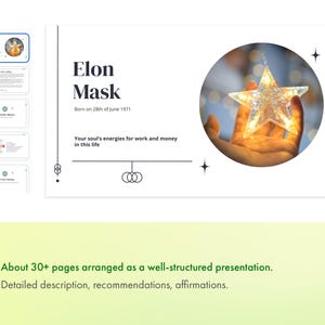 K&ouml;nnte beinhalten: Eine Pr&auml;sentationsfolie mit wei&szlig;em Hintergrund und schwarzem Text. Der Titel lautet "Elon Mask" mit dem Untertitel "Geboren am 28. Juni 1971". Der Text unter dem Titel lautet "Die Energien deiner Seele f&uuml;r Arbeit und Geld in diesem Leben". Die Folie zeigt auch einen Kreis mit einem Stern darin und eine Linie mit drei Kreisen auf der rechten Seite.