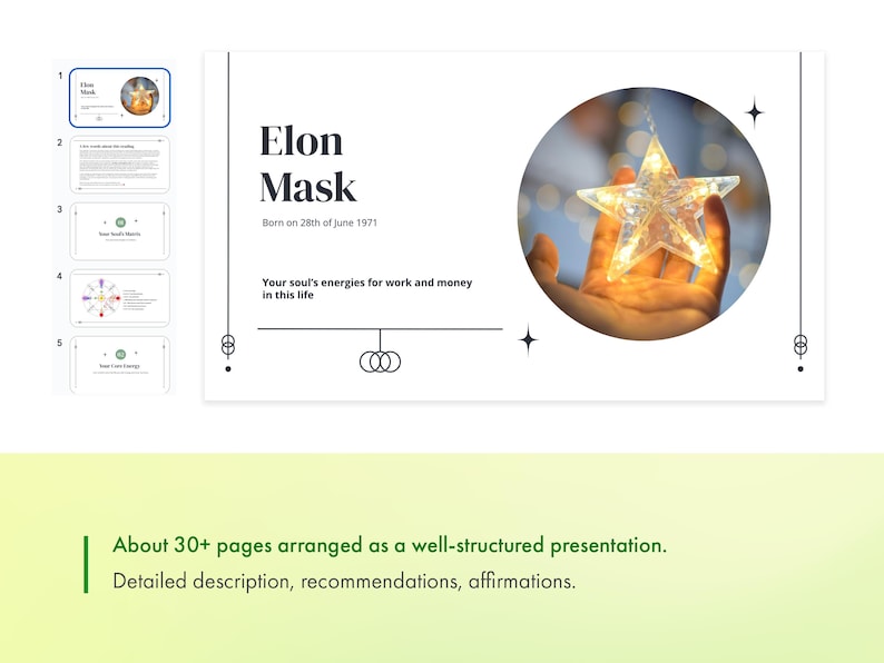 K&ouml;nnte beinhalten: Eine Pr&auml;sentationsfolie mit wei&szlig;em Hintergrund und schwarzem Text. Der Titel lautet "Elon Mask" mit dem Untertitel "Geboren am 28. Juni 1971". Der Text unter dem Titel lautet "Die Energien deiner Seele f&uuml;r Arbeit und Geld in diesem Leben". Die Folie zeigt auch einen Kreis mit einem Stern darin und eine Linie mit drei Kreisen auf der rechten Seite.