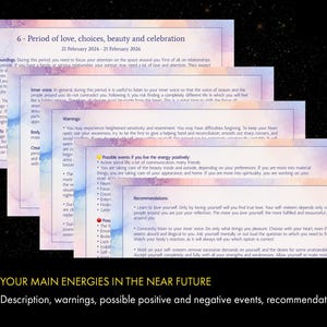 May include: A watercolor-style image with a pink, blue, and yellow background. The image contains text about the period of love, choices, beauty, and celebration. The text includes descriptions, warnings, possible events, and recommendations for the period of February 21, 2024 to February 21, 2026.