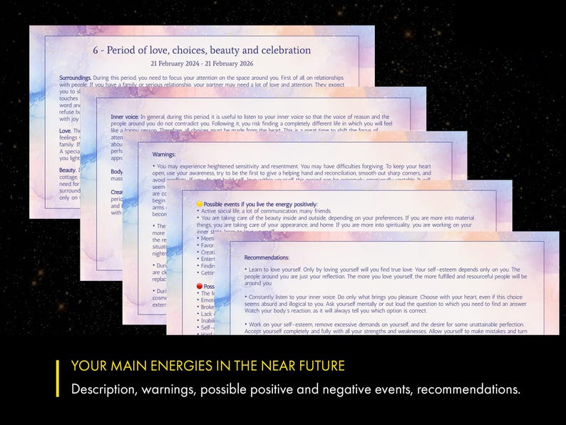 May include: A watercolor-style image with a pink, blue, and yellow background. The image contains text about the period of love, choices, beauty, and celebration. The text includes descriptions, warnings, possible events, and recommendations for the period of February 21, 2024 to February 21, 2026.