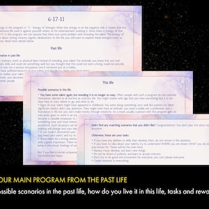 May include: A pink and purple watercolor background with text that reads "6-17-11" and "Your Main Program From The Past Life". The text describes possible scenarios in the past life and how to live it in this life, including tasks and rewards.