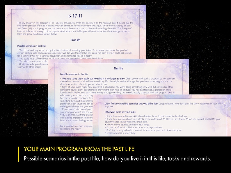May include: A pink and purple watercolor background with text that reads "6-17-11" and "Your Main Program From The Past Life". The text describes possible scenarios in the past life and how to live it in this life, including tasks and rewards.