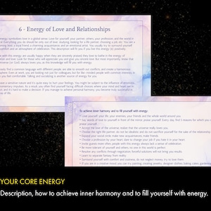 May include: A pink and blue watercolor background with text that reads "6 - Energy of Love and Relationships". The text describes the importance of love in all aspects of life, including relationships, work, and personal growth. The text also includes tips on how to achieve inner harmony and fill yourself with energy. The text is followed by the words "YOUR CORE ENERGY" in yellow and black.