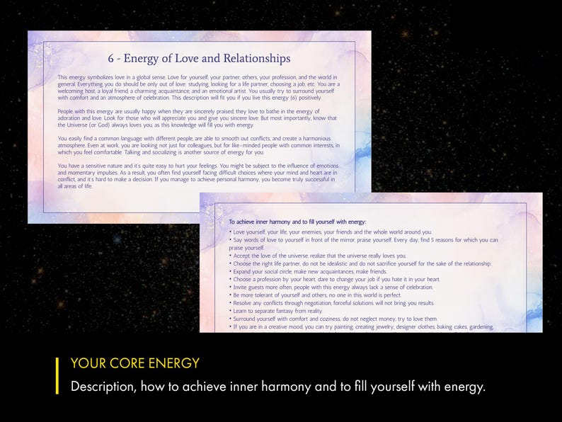 May include: A pink and blue watercolor background with text that reads "6 - Energy of Love and Relationships". The text describes the importance of love in all aspects of life, including relationships, work, and personal growth. The text also includes tips on how to achieve inner harmony and fill yourself with energy. The text is followed by the words "YOUR CORE ENERGY" in yellow and black.