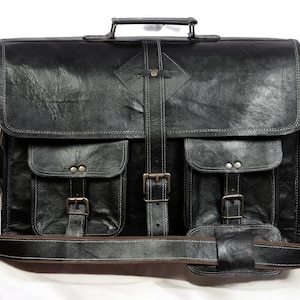 18 Inch Black Genuine Leather Messenger Bag, Durable Stylish Office Shoulder Bag, Vintage Crossbody Laptop Bag, Leather Briefcase for Men