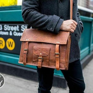 Sac messager personnalisé en cuir pour ordinateur portable 15 pouces | Sacoche de bureau pour homme | sac de travail vintage à bandoulière | Cadeau pour lui