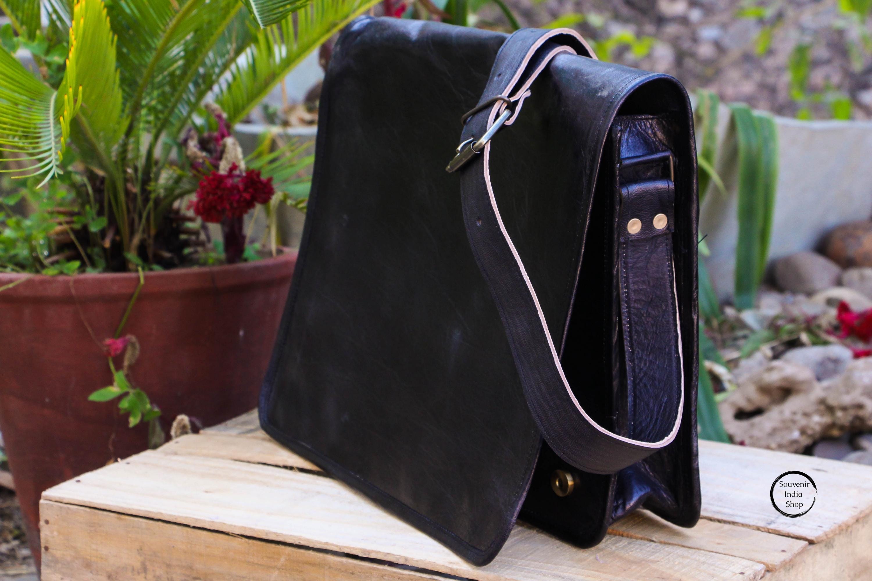 Personalized Black Leather Messenger Bag, 15 Inch Laptop Satchel