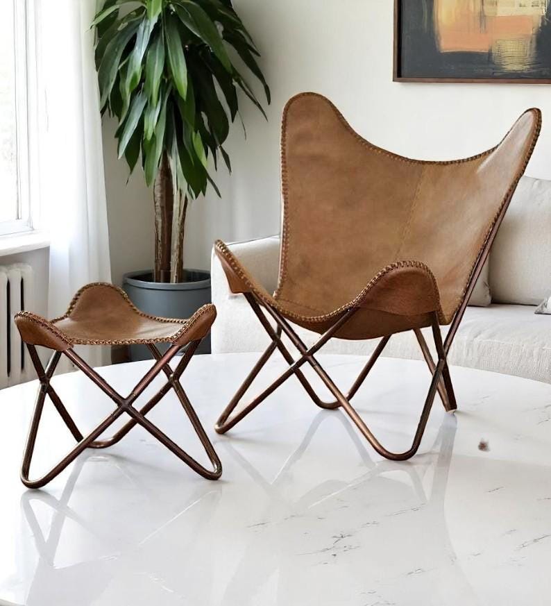 ヴィンテージレザーバタフライチェア、鉄製折りたたみフレーム付き