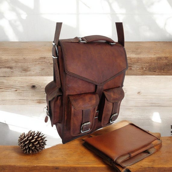 Brown Vintage Leather Backpack, Personalized Laptop  display picture 1
