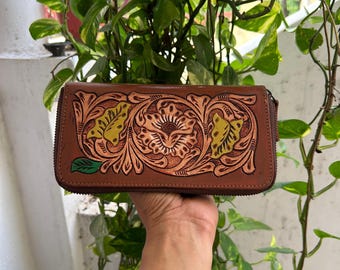 Hand Tooled Leather Wallet, Western Floral Carved Clutch