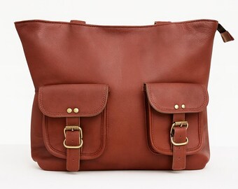 Handmade Leather Tote Bag, Brown Pocket Shoulder Bag, Vintage Style
