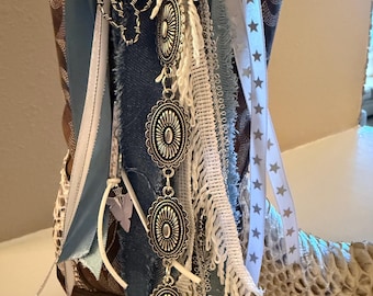 Denim Boot Bling!  Denim, fringe, stars, dreamcatcher, cactus and arrow head makes this perfect boot bling.