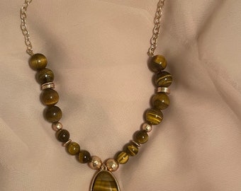 Tiger's Eye Beaded Necklace – Oval Gold Framed Pendant, 24” Long