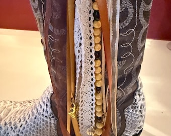 Boot Bling!  Gold, browns and cream. Beads of gold and brown. SW charms of cowboy hat, cow skull, horseshoe and arrowhead.
