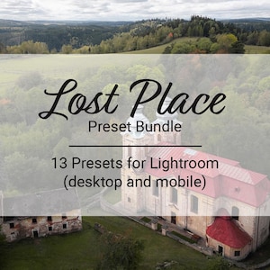 May include: An aerial view of a church with a red roof and a "Lost Place Preset Bundle" overlay. The image includes text that says "13 Presets for Lightroom (desktop and mobile)" against a backdrop of green trees and rolling hills.